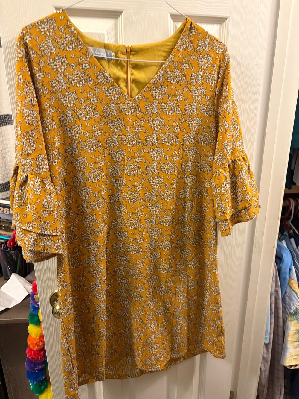 Mustard Yellow Floral V-Neck Dress